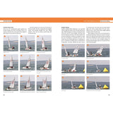 In "Optimist Racing" by Fernhurst Books, one page highlights images and captions detailing the essential max power tack for Optimist sailing, while the opposite page presents sequential photos illustrating boat handling during double tacking, featuring a sailor expertly maneuvering their vessel.