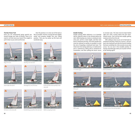 Explore the "Optimist Racing" guide by Fernhurst Books, which provides detailed step-by-step images for boat handling techniques like tacking and maneuvering around a buoy. Tailored for junior sailing enthusiasts, each image is accompanied by captions that explain the process and tactics to enhance your boat speed in Optimist racing events.