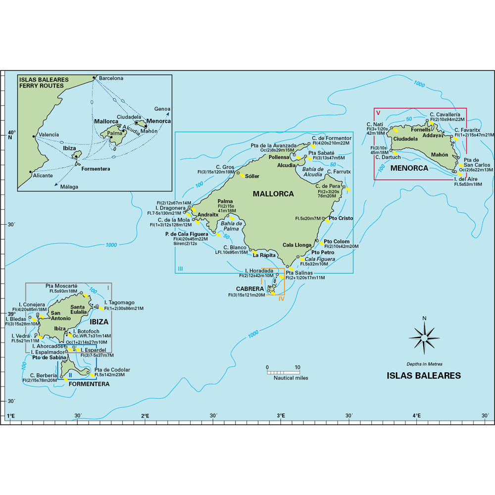 Imray's Balearic Islands map displays the major islands of Mallorca, Menorca, Ibiza, and Formentera. This updated guide features insets with detailed ferry routes and enlarged views of Mallorca and Menorca. It includes marked cities, roads, ferry routes, and geographical points for your sailing adventure.