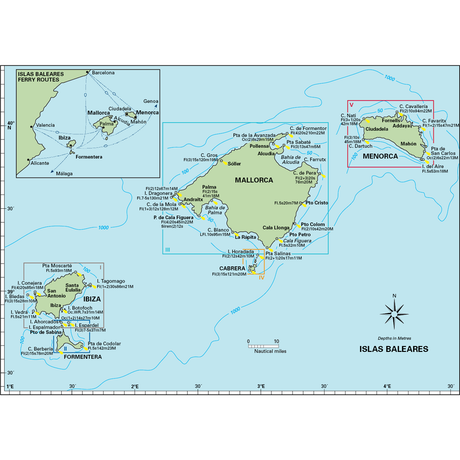 Imray's Balearic Islands map displays the major islands of Mallorca, Menorca, Ibiza, and Formentera. This updated guide features insets with detailed ferry routes and enlarged views of Mallorca and Menorca. It includes marked cities, roads, ferry routes, and geographical points for your sailing adventure.