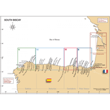 The South Biscay map by Imray provides a detailed view of the southern coast of the Bay of Biscay, covering ports and regions from Galicia to the French Basque Country. Key features on the Spanish coast include Port Medoc, Arcachon, and Port Royale. The map clearly marks country borders with flags for Spain and France, as well as geographic coordinates.