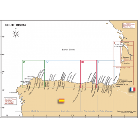 The South Biscay map by Imray provides a detailed view of the southern coast of the Bay of Biscay, covering ports and regions from Galicia to the French Basque Country. Key features on the Spanish coast include Port Medoc, Arcachon, and Port Royale. The map clearly marks country borders with flags for Spain and France, as well as geographic coordinates.