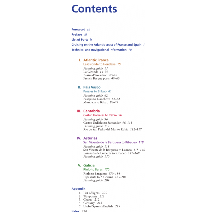 An image of the table of contents for Imray's "South Biscay" guide, detailing sections on Atlantic France, Bay of Biscay regions such as Pais Vasco and Cantabria, Asturias, Galicia, along with an appendix listing lights, waypoints, charts, and a useful Spanish/English glossary.