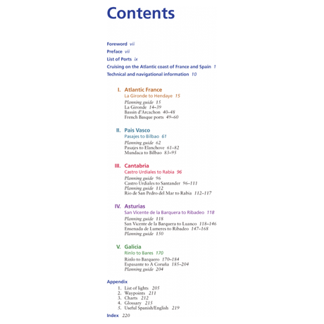 An image of the table of contents for Imray's "South Biscay" guide, detailing sections on Atlantic France, Bay of Biscay regions such as Pais Vasco and Cantabria, Asturias, Galicia, along with an appendix listing lights, waypoints, charts, and a useful Spanish/English glossary.