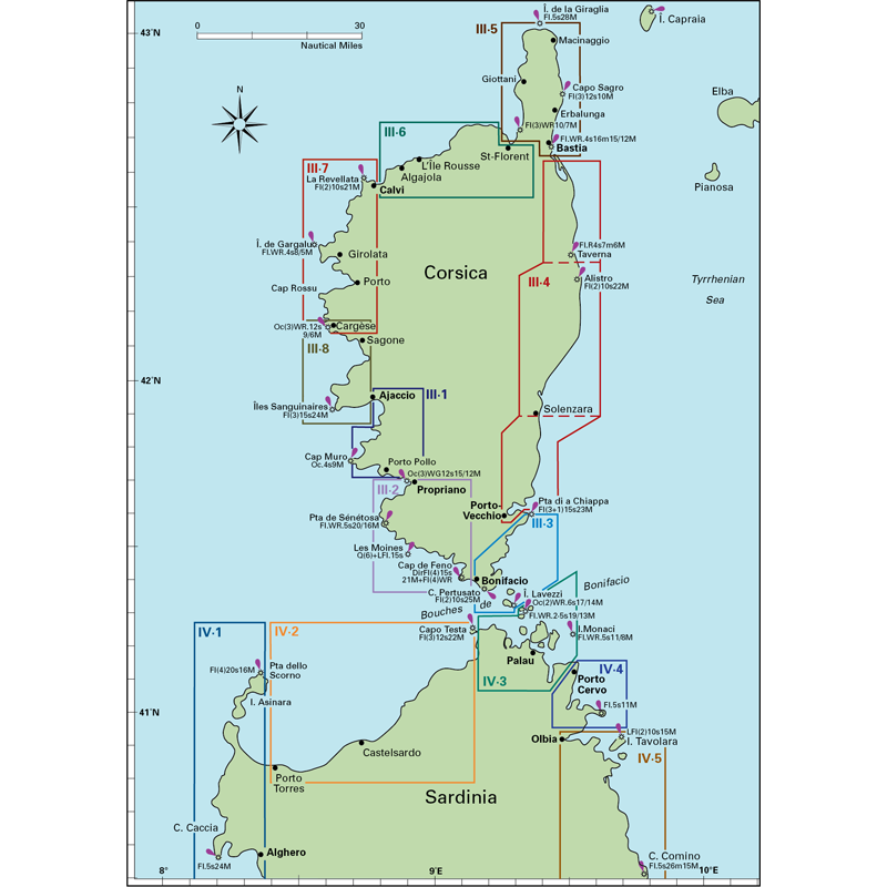 Imray's 'Corsica and North Sardinia' is a comprehensive cruising guide that showcases an array of towns, cities, and geographical features. This detailed guide includes color-coded routes and paths with labels for locations such as Ajaccio, Porto-Vecchio, and Bastia in Corsica, as well as Olbia in northern Sardinia.