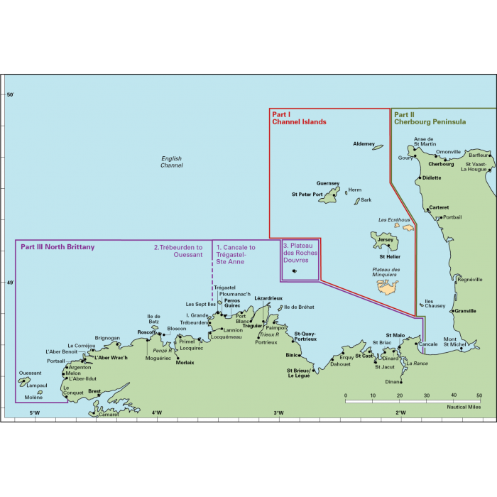 Discover the Channel Islands, Cherbourg Peninsula, and North Brittany with Imray's nautical map that highlights three sailing routes along the French coastline. Segmented into their respective regions, this map details key towns, islands, and sailing paths with precise geographical coordinates. Your ideal cruising companion for exploring these picturesque waters.