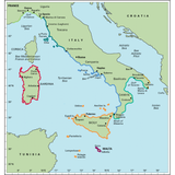 Map from the Imray's Italian Waters Pilot featuring the Ligurian, Tyrrhenian, and Ionian Seas alongside Italy’s coastal regions and islands such as Sardinia, Sicily, and Malta. Prominently marked are cities like Genoa, Rome, Naples, and Palermo as well as neighboring countries including France, Croatia, and Tunisia—a comprehensive guide for yachtsmen.