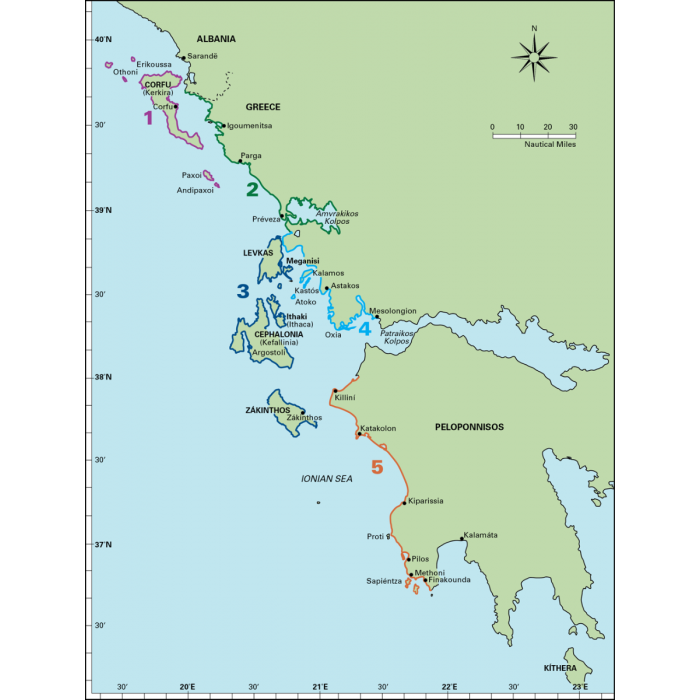 Map of the western coast of Greece, showcasing islands and the Peloponnisos region. Major locations such as Corfu, Lefkas, Cephalonia, and Zakynthos are labeled. Routes are marked in various colors with numbers 1 to 5, indicating different paths across Ionian anchorages and harbours as highlighted in Imray's "Ionian.