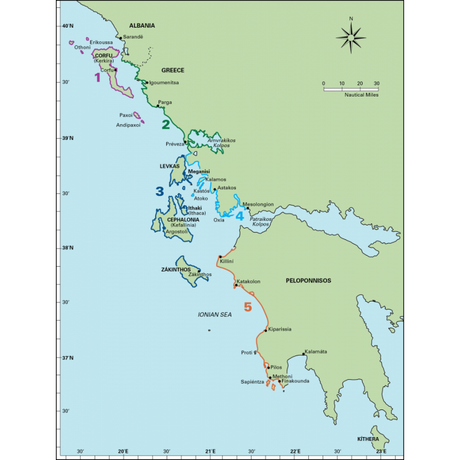 Map of the western coast of Greece, showcasing islands and the Peloponnisos region. Major locations such as Corfu, Lefkas, Cephalonia, and Zakynthos are labeled. Routes are marked in various colors with numbers 1 to 5, indicating different paths across Ionian anchorages and harbours as highlighted in Imray's "Ionian.