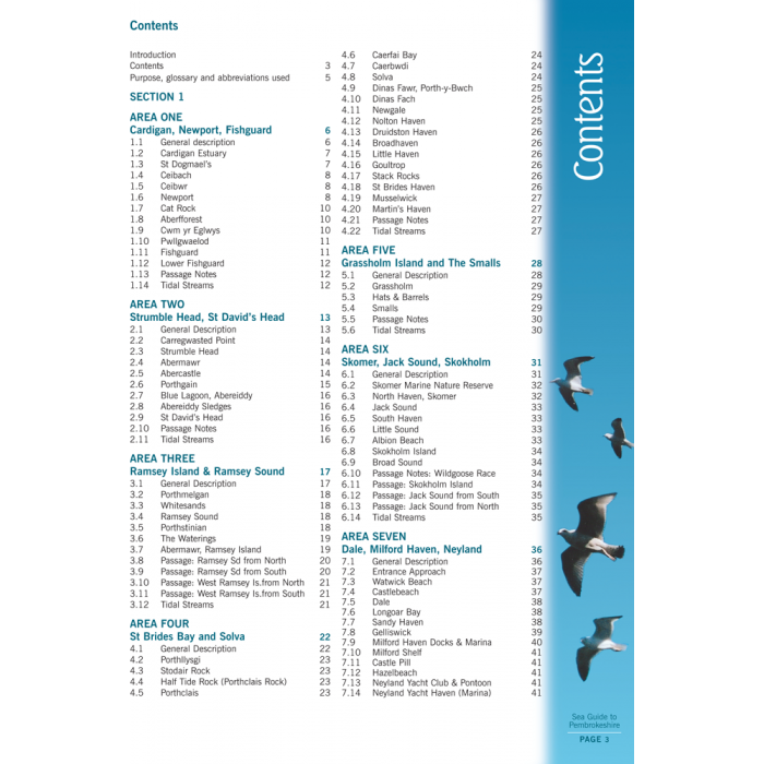 Table of contents from "Sea Guide To Pembrokeshire" by Imray for outdoor water enthusiasts, featuring Pembrokeshire coastal waters. Sections include Fishguard, St David's Head, Ramsey Sound, the Islands, Solva, Dale, and Neyland Yacht Haven. Page numbers for each section are listed on the right.