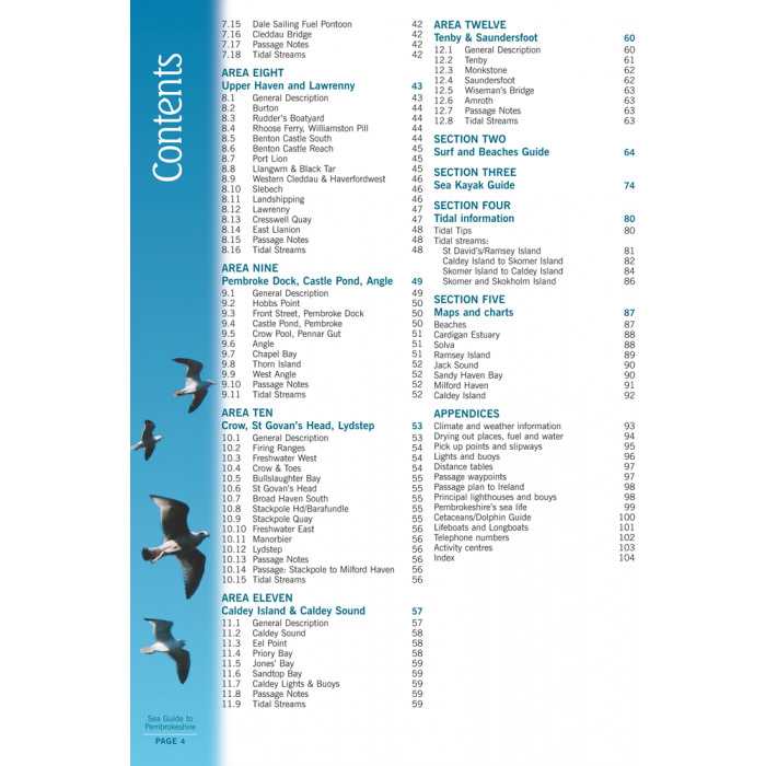 The table of contents for "Sea Guide To Pembrokeshire" by Imray features sections covering AREA EIGHT (Upper Haven and Lawrenny) to AREA TWELVE (Tenby & Saundersfoot) in the Pembrokeshire coastal waters. The design includes images of three seagulls flying on the left side against a primarily blue and white background.