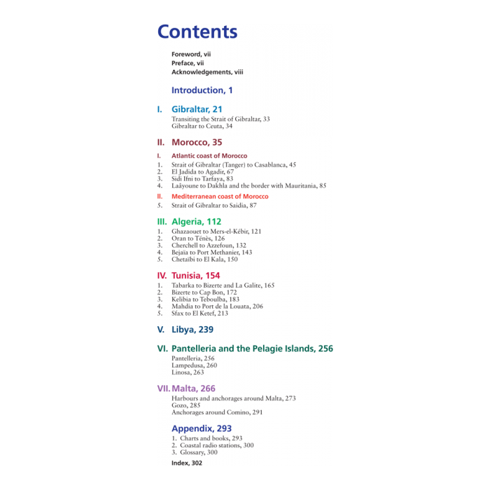 The table of contents in "North Africa" by Imray includes extensive sections on Gibraltar, the coasts of Morocco, Algeria, Tunisia, Libya, Pantelleria and the Pelagie Islands, Malta, and an Appendix. Each section features multiple sub-headings along with page numbers covering a wide range of specific topics in this detailed cruising guide.