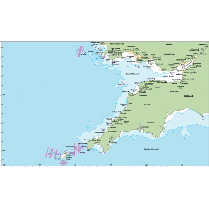 This Imray map highlights southern Wales and southwestern England, including Pembrokeshire, Cornwall, Devon, Somerset, the Isles of Scilly to the southwest, and the prominently featured Bristol Channel. It's perfect for those using the Bristol Channel and Severn Cruising Guide.