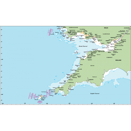 This Imray map highlights southern Wales and southwestern England, including Pembrokeshire, Cornwall, Devon, Somerset, the Isles of Scilly to the southwest, and the prominently featured Bristol Channel. It's perfect for those using the Bristol Channel and Severn Cruising Guide.