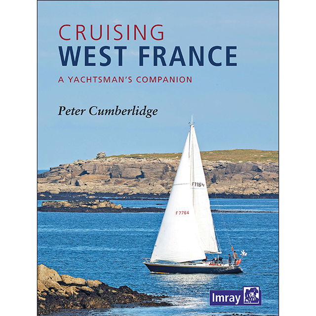 The cover of the book "Cruising West France" features a sailboat navigating blue waters with rocky islands in the background. This comprehensive cruising guide displays its title and subtitle at the top alongside the author's name, Peter Cumberlidge. The logo of its publisher, Imray, is located at the bottom right corner.