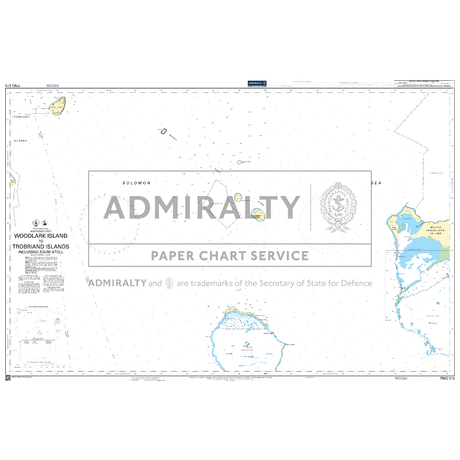 Product image of Admiralty Chart PNG515 | Woodlark Island to Trobriand Islands including Egum Atoll, featuring navigational markings, depth soundings, and coastal features, essential for safe marine navigation. It could be displayed as an art piece or used for navigation on a boat or ship.