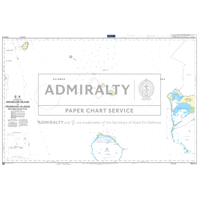 Product image of Admiralty Chart PNG515 | Woodlark Island to Trobriand Islands including Egum Atoll, featuring navigational markings, depth soundings, and coastal features, essential for safe marine navigation. It could be displayed as an art piece or used for navigation on a boat or ship.