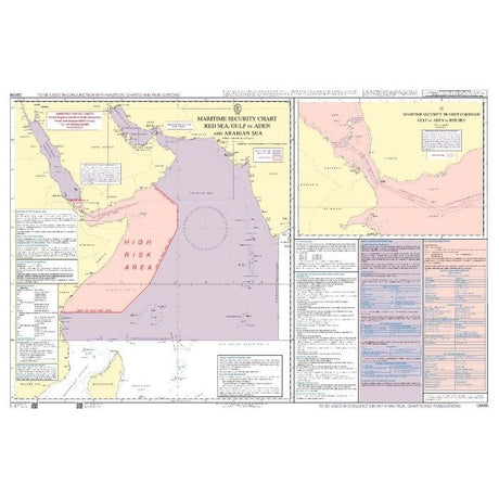 Admiralty Chart Q6099 is a maritime security chart for the Red Sea, Gulf of Aden, and Arabian Sea. It shows sea routes, a pink "High Risk Area," and includes security advice insets for SOLAS-compliant safe navigation. Brand: Admiralty.