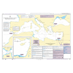 The Admiralty Maritime Security Chart Q6110: Mediterranean Sea by Admiralty details the sea and surrounding coasts, with security notes, inset maps, passage planning info, navigation routes, and warnings clearly marked.