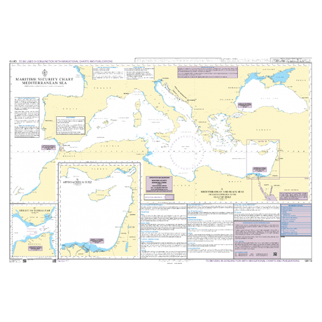 Admiralty Chart Q6110: Maritime Security Chart - Mediterranean Sea by Admiralty features Standard Nautical Charts, sea routes, ports, map insets, and info boxes to support safe navigation and maritime security in the region.