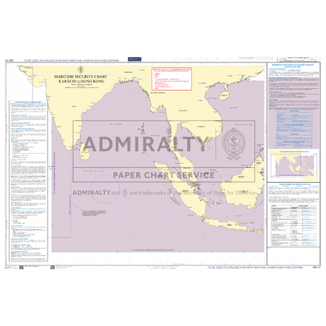 Admiralty Chart Q6112: Maritime Security Chart - Karachi to Quanzhou displays the northern Indian Ocean, featuring ADMIRALTY Standard Nautical Charts with key commercial shipping routes and navigational notes for safe passage.