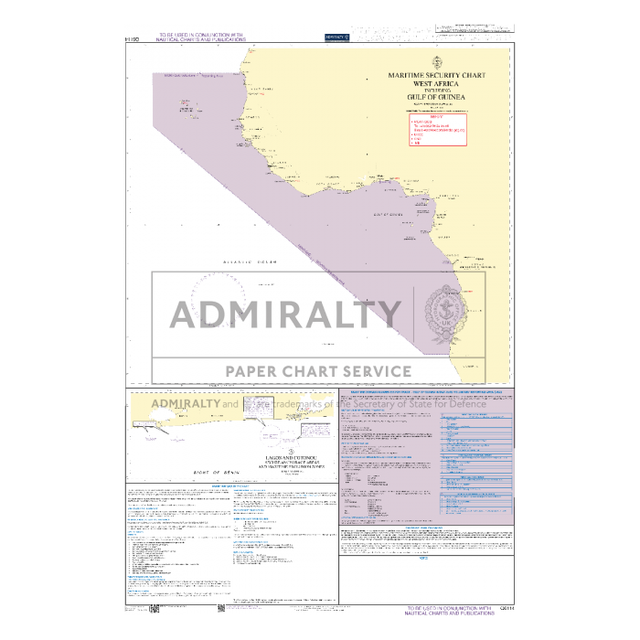 Admiralty Chart Q6114: Maritime Security Chart - West Africa including Gulf of Guinea by Admiralty shows the West African coastline, including Liberia and Sierra Leone, with navigation notes and shipping routes to aid maritime security.