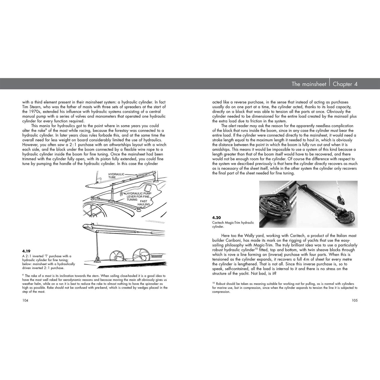 A two-page spread from "The Mainsheet | Chapter 4" in Fernhurst Books' "Rigging" features text with illustrations: one of a marine vent system for rigging maintenance and another of a boom head fitting for yacht rigging techniques.