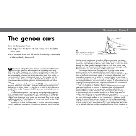 In Chapter 3 of "The Genoa Cars," alongside the detailed diagram of a car labeled "Genoa 3" on track, there's an exploration of dimensions and adjustments ensuring optimal performance, comparable to fine-tuning the rigging in Fernhurst Books' "Rigging." Pages 70 and 71 offer insights into this precision engineering.