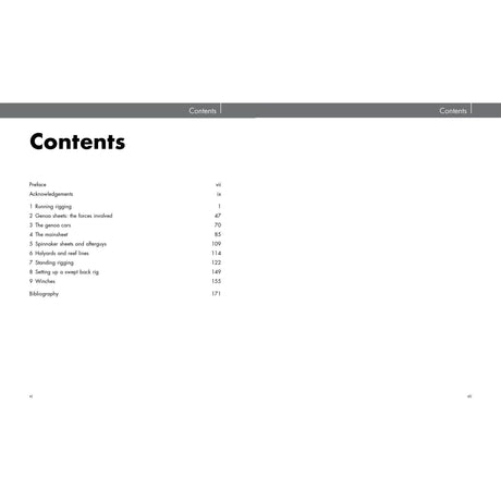 The table of contents for "Rigging" by Fernhurst Books includes sections such as Preface, Acknowledgements, Running rigging for optimal performance, Genoa sheets the forces involved, The genoa cars, The mainsheet on a sailing yacht, Spi pole marks and sheet leads, Hydros, and Setting up a swept back rig for ultimate sailing efficiency with corresponding page numbers.