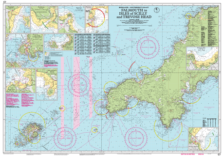 The Imray Chart C7: Falmouth to Isles of Scilly and Trevose Head is a weather-resistant nautical chart tailored for small crafts, featuring depth markings, navigational routes, and detailed insets for specific areas along the southwest coast of England.