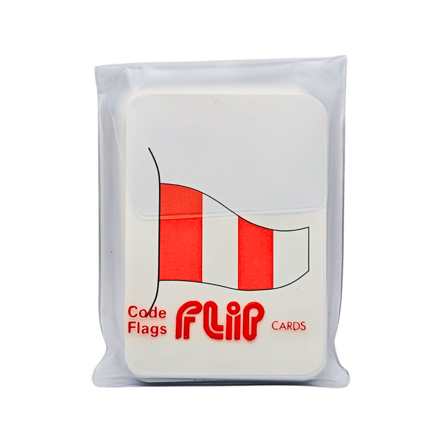 A deck of "Flip Cards: International Code Flags" by Flip Cards, presented in a transparent plastic case and showcasing a white card topped with a red and white checkered signal flag design inspired by the International Code of Signals.