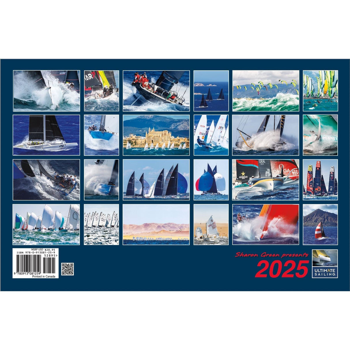 A collage of 2025 sailing images, inspired by the Ultimate Sailing 2025 Calendar from Sharon Green, featuring various sailboats at sea as they battle waves and cruise under vibrant sails. The dynamic maritime scenes capture fleets racing near coastal landscapes, reflecting thrilling sailing events.