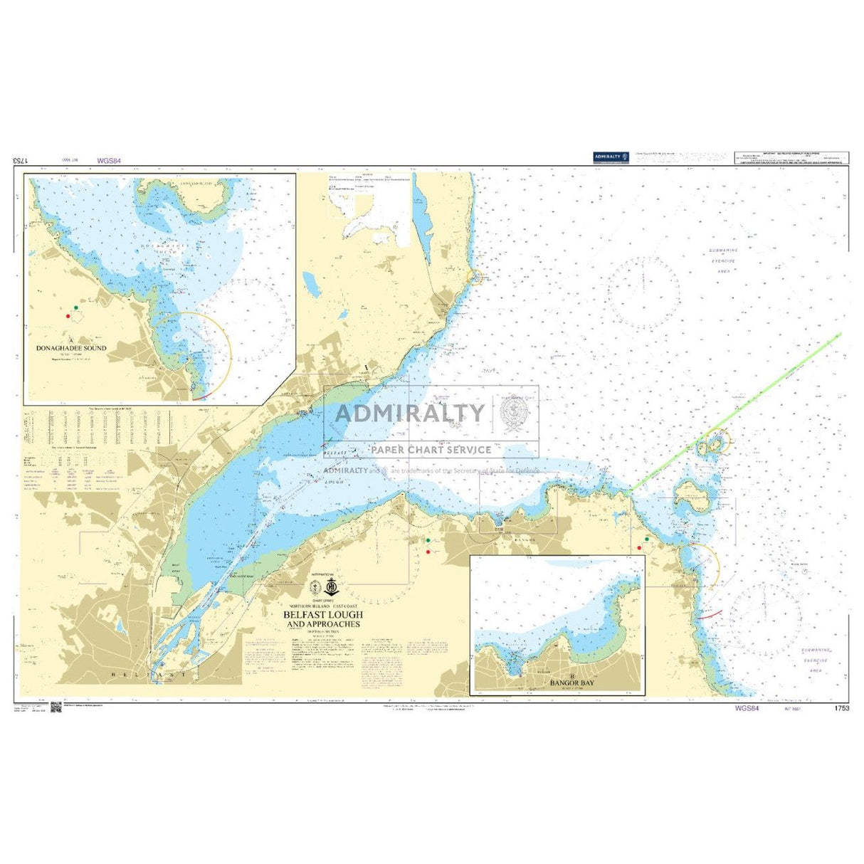 Admiralty Chart 1753: Belfast Lough and Approaches from Admiralty provides detailed coverage of water depths, landmarks, and navigational routes. Insets offer detailed views of Donaghadee Sound and Bangor Bay for safe navigation.