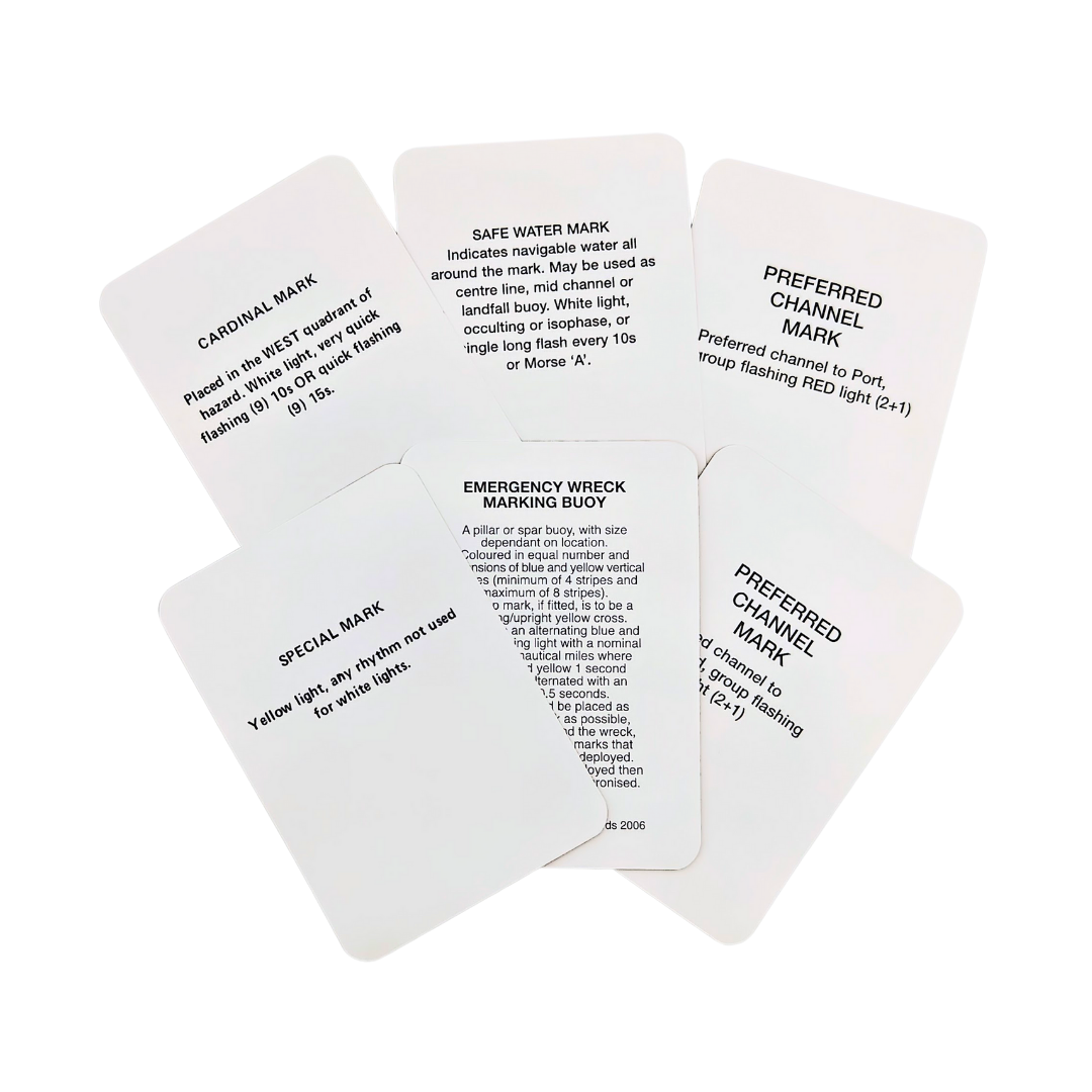 A set of "Flip Cards: IALA Buoyage (Region B)," a product by Flip Cards, showcasing educational maritime navigation symbols and buoyage rules. The cards, featuring various marks like cardinal, emergency wreck, and preferred channel, are arranged on a white surface.