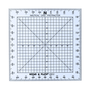 The Weems & Plath 5" Square Protractor features degree markings, a central north indicator, crosshairs, and grid—making it an essential nautical instrument for precise plotting.