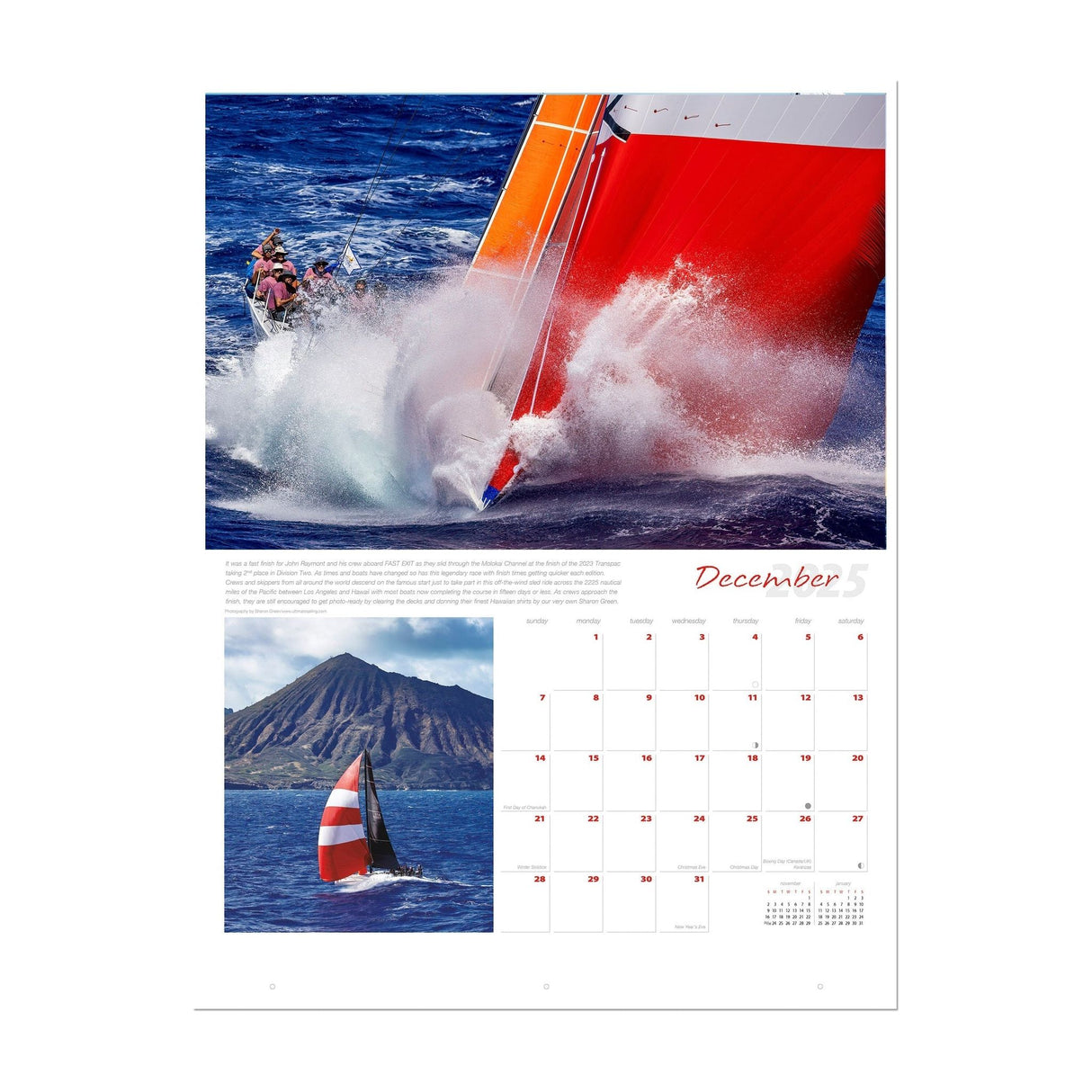 The December page of the Ultimate Sailing 2025 Calendar by Sharon Green bursts with color, showcasing two captivating images. The top image captures a sailboat slicing through ocean waves with its crew skillfully leaning sideways, while the bottom image presents a sailboat in the distance set against majestic mountains. Beneath these stunning visuals is a practical calendar grid.