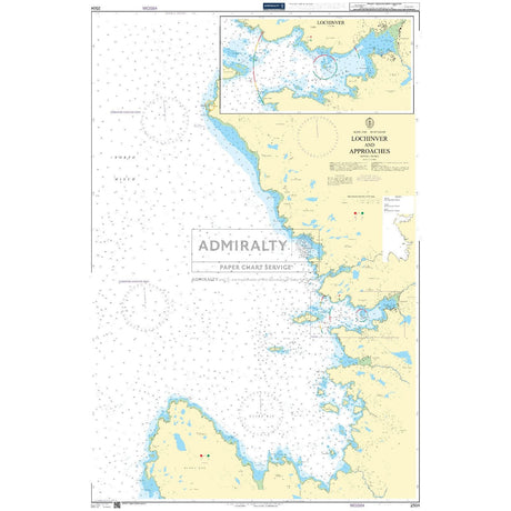 Admiralty Chart 2504: Lochinver and Approaches by Admiralty details water depths, coastal features, navigation aids, and includes an inset map of Lochinver Harbor on Scotland’s northwest coast.
