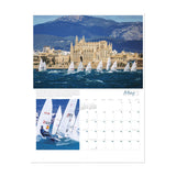 The Ultimate Sailing 2025 Calendar by Sharon Green features captivating images of sailboats racing across a blue ocean in May, set against the stunning backdrop of a historic building and mountains. The lower section of the calendar includes close-up shots that brilliantly capture the dynamic beauty of sailing events.