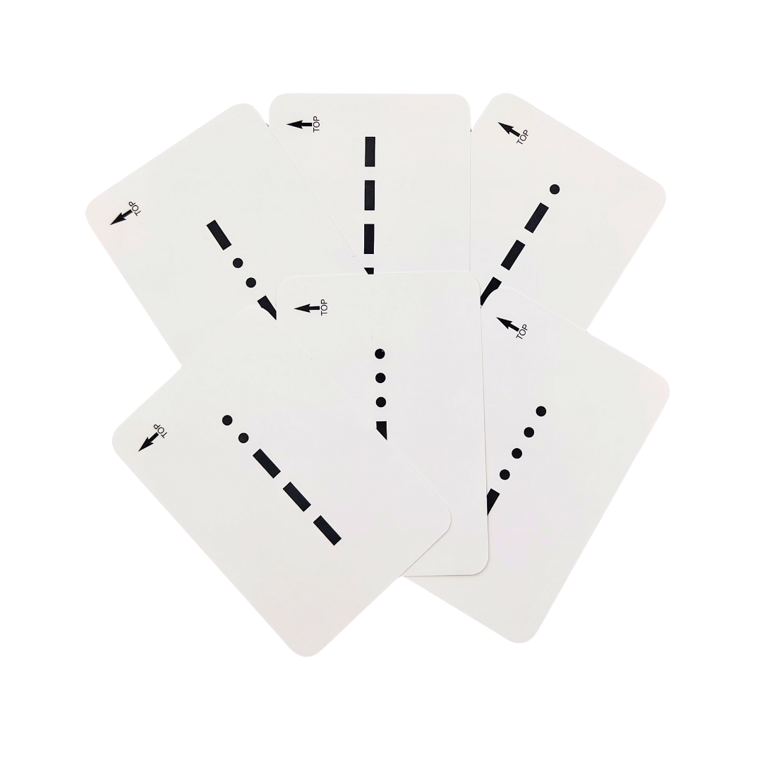 The Flip Cards: Morse Code set includes five cards arranged in a circular pattern. Each card is adorned with black lines or dots, reminiscent of percussion notation, along with small bird icons in the top corners. With an elegant white background, these cards are an ideal tool for mariners looking to enhance their understanding of Morse code.