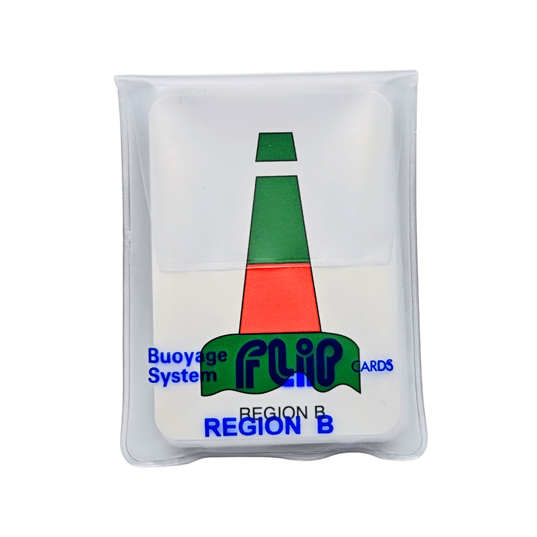 The "Flip Cards: IALA Buoyage (Region B)" set from Flip Cards highlights essential navigational markers, including a red and green buoy. The cards come in a clear plastic holder.