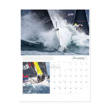 The January page of the Ultimate Sailing 2025 Calendar by Sharon Green features a dynamic sailboat race. At the top, an exhilarating photo captures a boat slicing through towering waves, while the bottom highlights sailors skillfully maneuvering in turbulent waters. The dates are stylishly displayed on the right side.