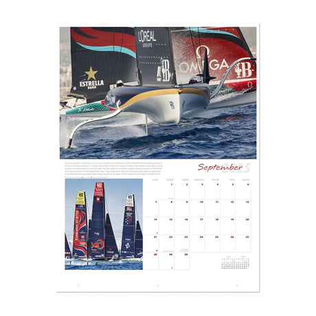 A page from the Ultimate Sailing 2025 Calendar by Sharon Green: The main image captures the exhilarating action of a hydrofoil sailboat skimming over the water. Below, three vibrant sailboats are poised in anticipation. The prominent display of September 2025 dates makes it a must-have for any fan of the Ultimate Sailing Calendar.