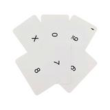 Six white Morse symbol cards from the Flip Cards: Morse Code set are arranged in a fan, each featuring a distinct character: 'X', '0', '10', '7', '9', and '8'. This arrangement against a white background is perfect for testing and enhancing your Morse code skills.