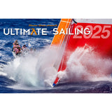 A dynamic sailing tableau featuring a crew skillfully steering a robust yacht through turbulent waters. The yacht's bow slices through the sea, generating an impressive splash. The text reads "Ultimate Sailing 2025 Calendar by Sharon Green.