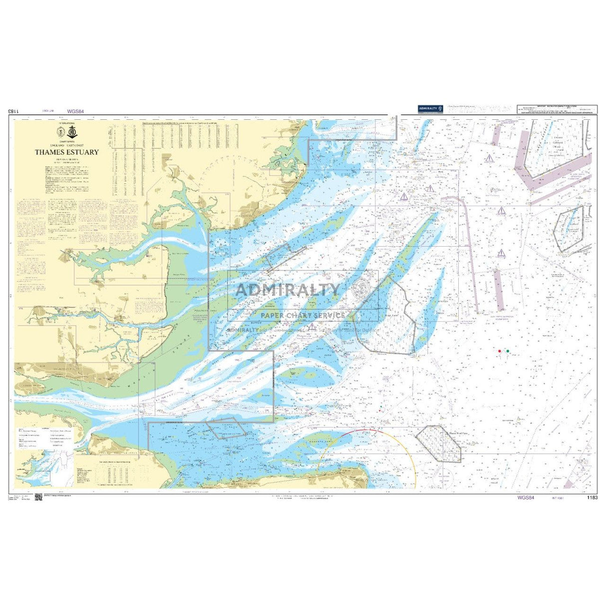 The Admiralty Chart 1183: Thames Estuary by Admiralty details water depths, shipping routes, navigational aids, and coastal features with shaded land areas and annotations, essential for mariners using paper charts for safe passage.