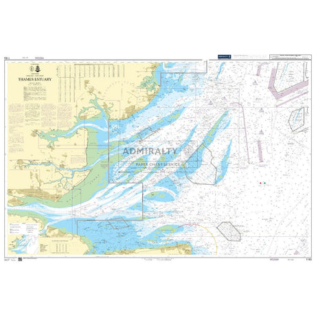 The Admiralty Chart 1183: Thames Estuary by Admiralty details water depths, shipping routes, navigational aids, and coastal features with shaded land areas and annotations, essential for mariners using paper charts for safe passage.