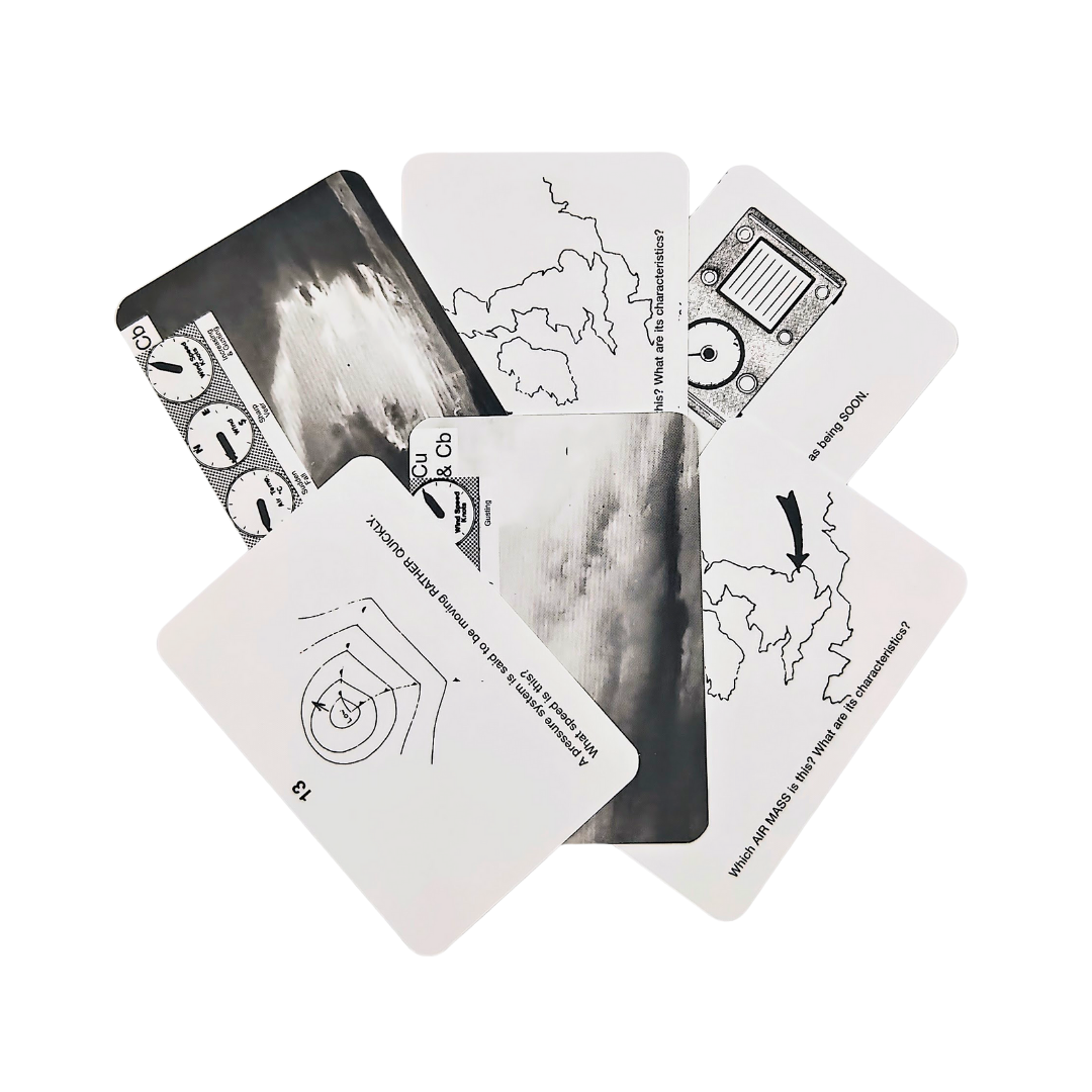 A set of Flip Cards: Meteorology from the brand Flip Cards. These vintage-style cards are black and white, with illustrations and text showcasing weather systems, maps, and radar graphics randomly arranged on a plain background.