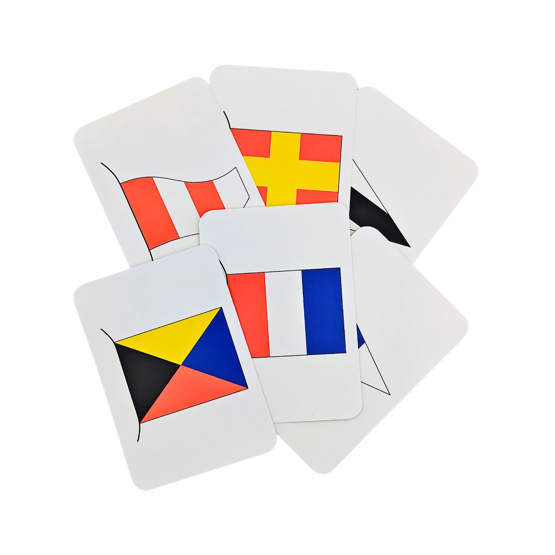 Introducing "Flip Cards: International Code Flags" by Flip Cards, a collection of six white cards displaying nautical signal flags from the International Code of Signals. Each card highlights a distinct geometric pattern in bold colors such as red, yellow, blue, and black against a simple backdrop.