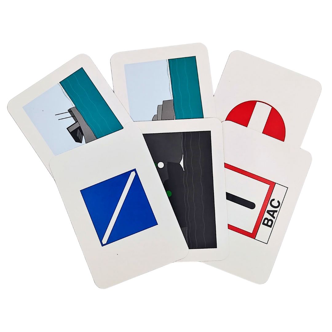 A set of five abstract playing cards, designed with diverse geometric shapes and patterns in blue, green, red, and black hues, is fanned out against a white background. These designs evoke the symbols found in RYA examination charts for navigating inland waters. The product is called "Flip Cards: CEVNI Signs and Lights" by the brand Flip Cards.