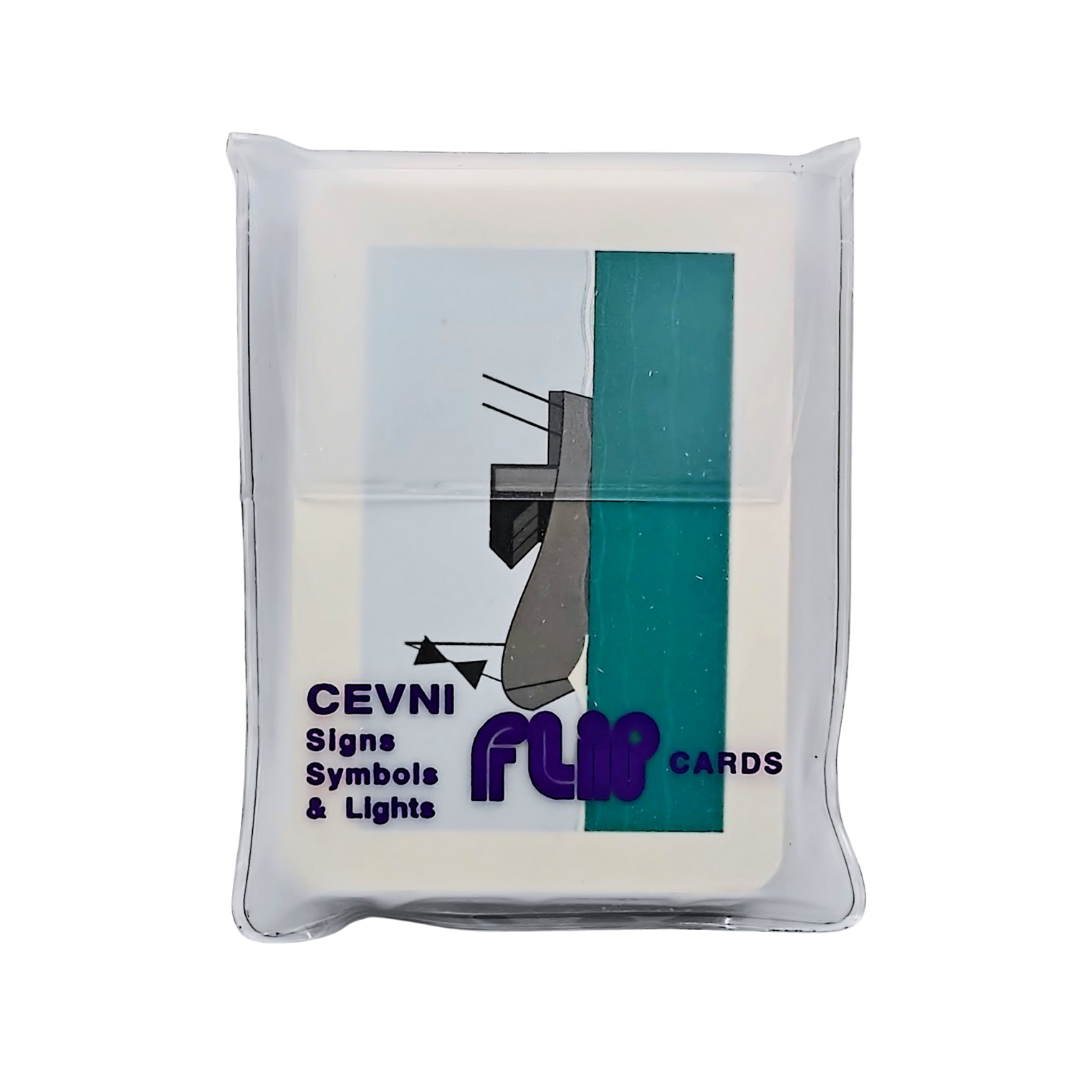 A pack of Flip Cards: CEVNI Signs and Lights by Flip Cards comes in a clear plastic case, ideal for anyone preparing for their RYA examination. The cover displays a diagram with nautical symbols in black, gray, and teal, with the text "CEVNI Signs Symbols & Lights" prominently shown in purple and black—perfect for navigating inland waters.